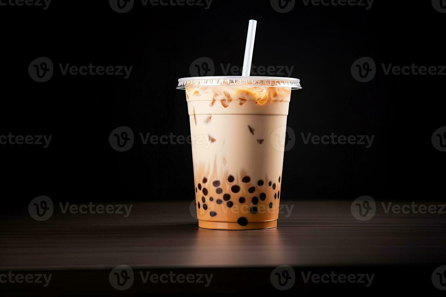 milk tea white bubble on plastic cup, isolated on dark background, side view. ai generated photo