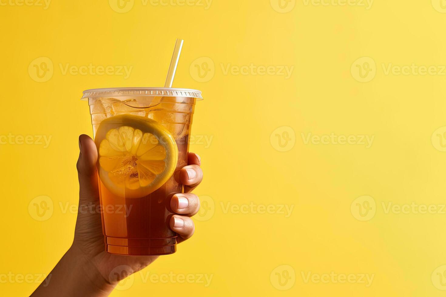 A hand holding takeaway plastic cup of delicious iced lemon tea isolated on yellow background with copy space. ai generated photo