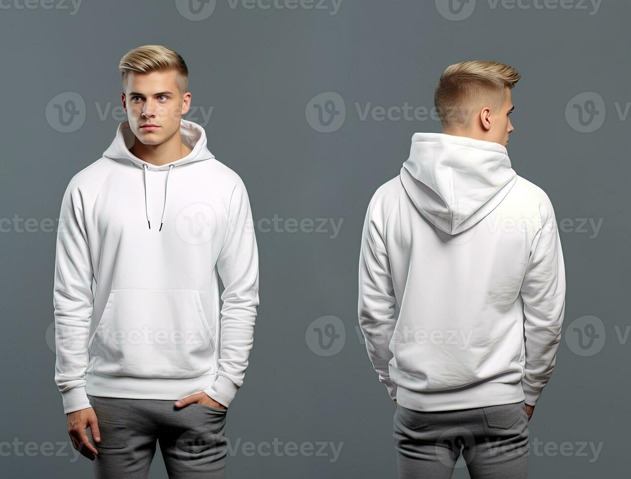 Front and back view of a white hoodie mockup for design print. ai generated photo