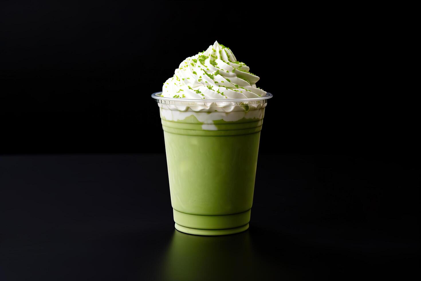 Green tea frappucino with whipped cream in a takeaway cup isolated on dark background. photo