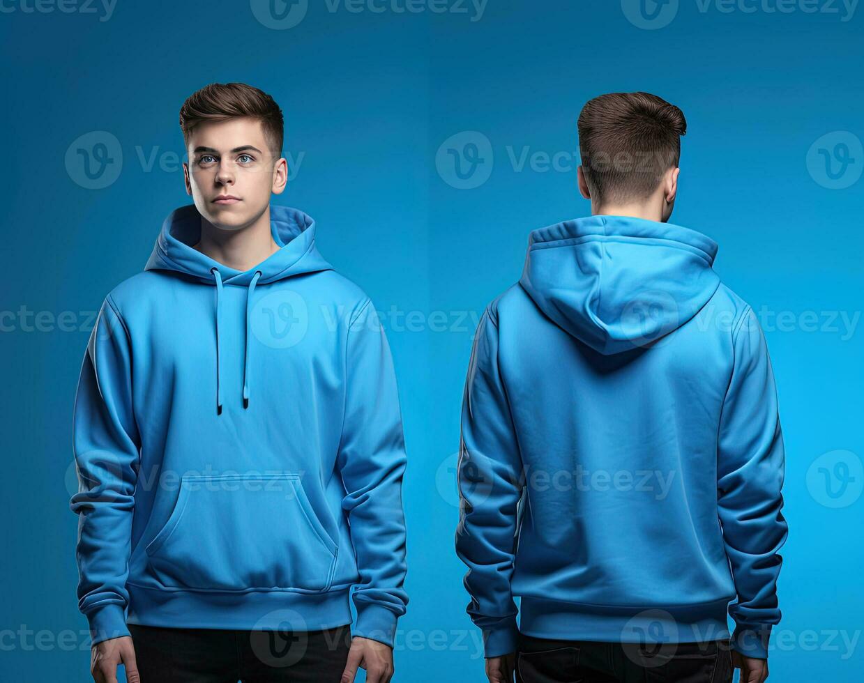 Front and back view of a blue hoodie mockup for design print. ai generated photo