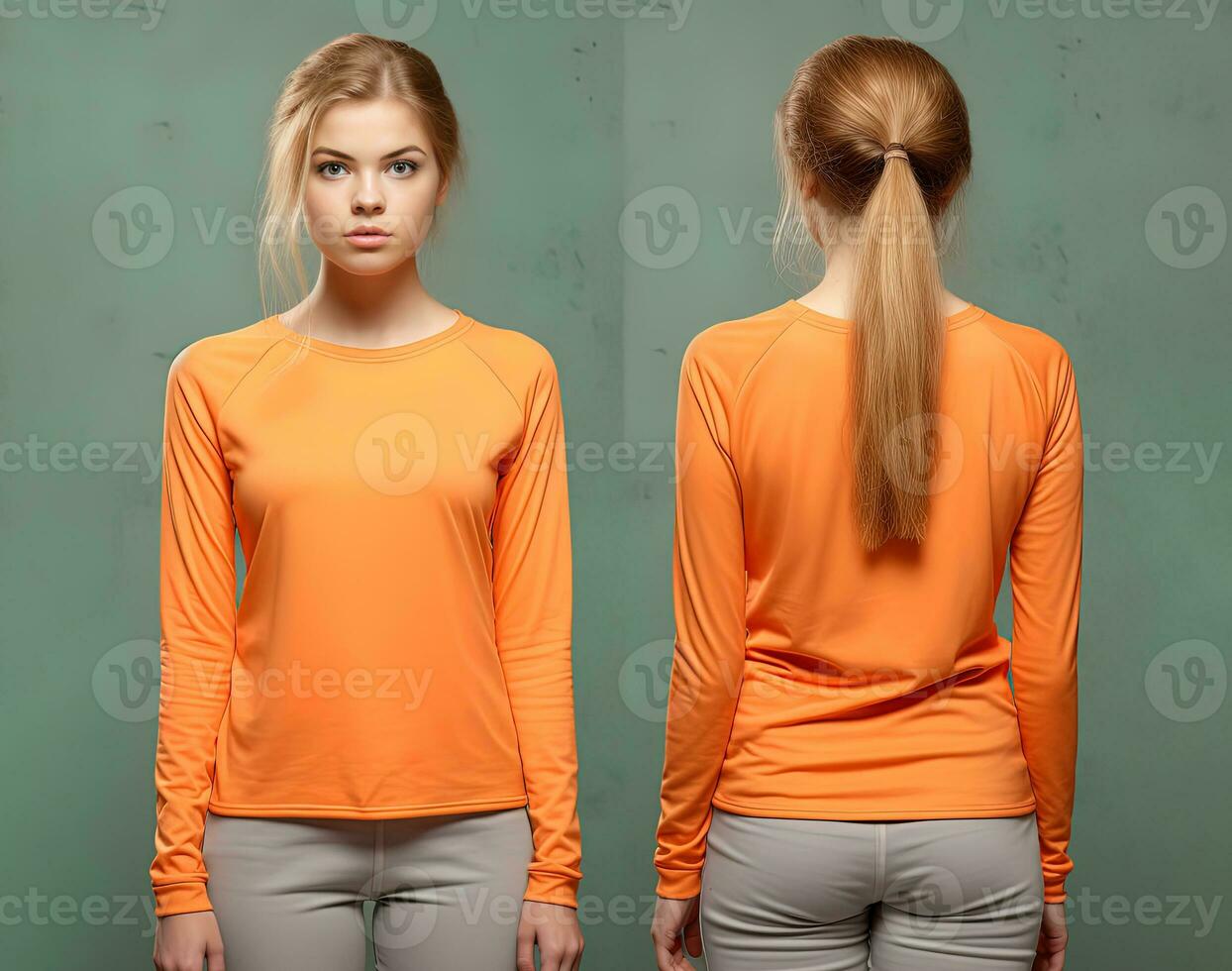 Woman wearing an orange T-shirt with long sleeves. Front and back view. ai generated photo