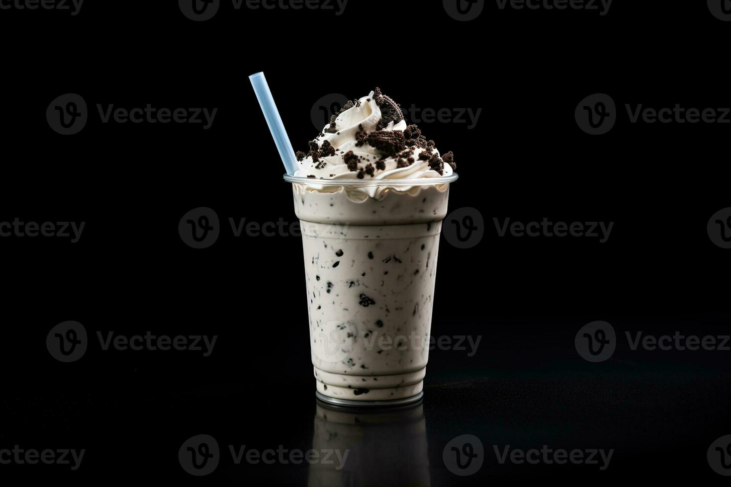 Cookies and cream milkshake in a takeaway cup isolated on dark background. ai generated photo