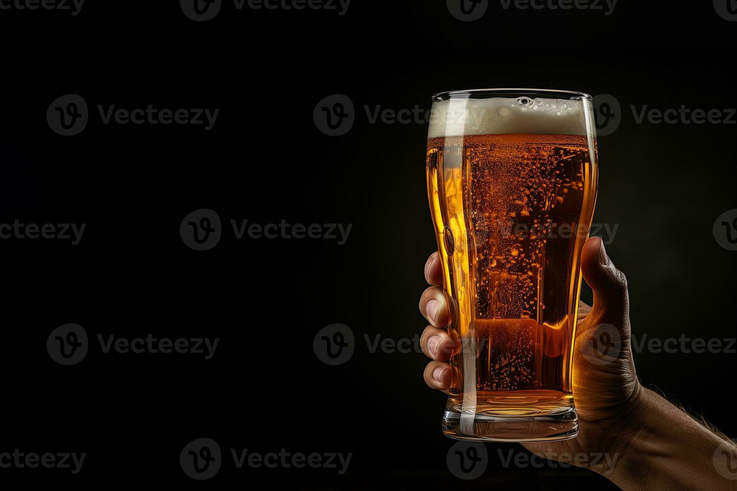 a male hand holding up a glass of beer isolated on a black background with copy space. ai generated photo