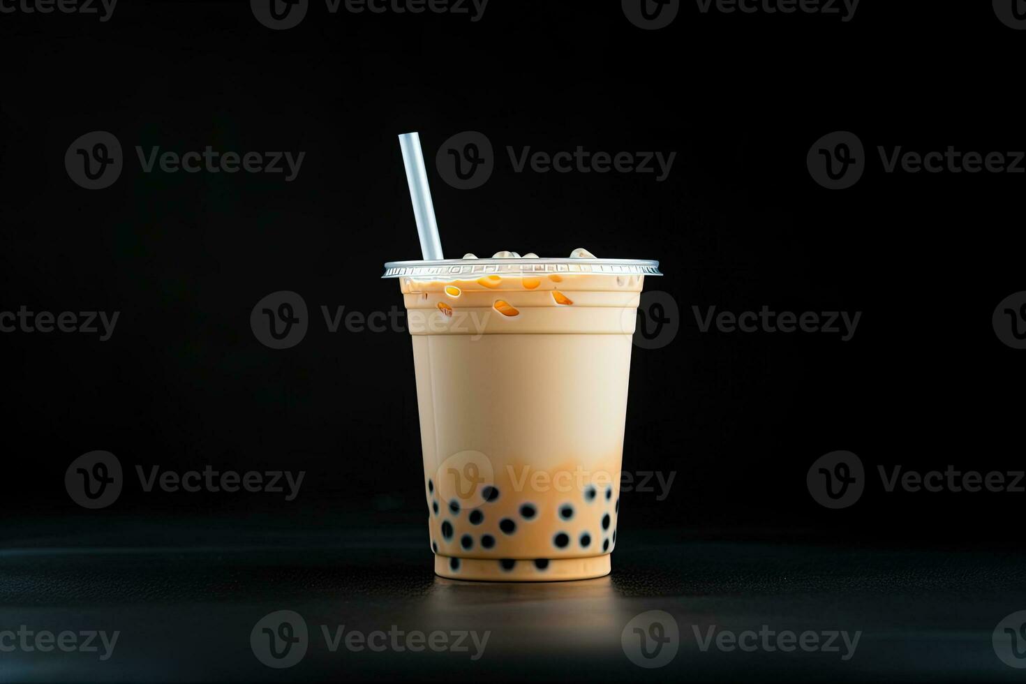 milk tea white bubble on plastic cup, isolated on dark background, side view. ai generated photo