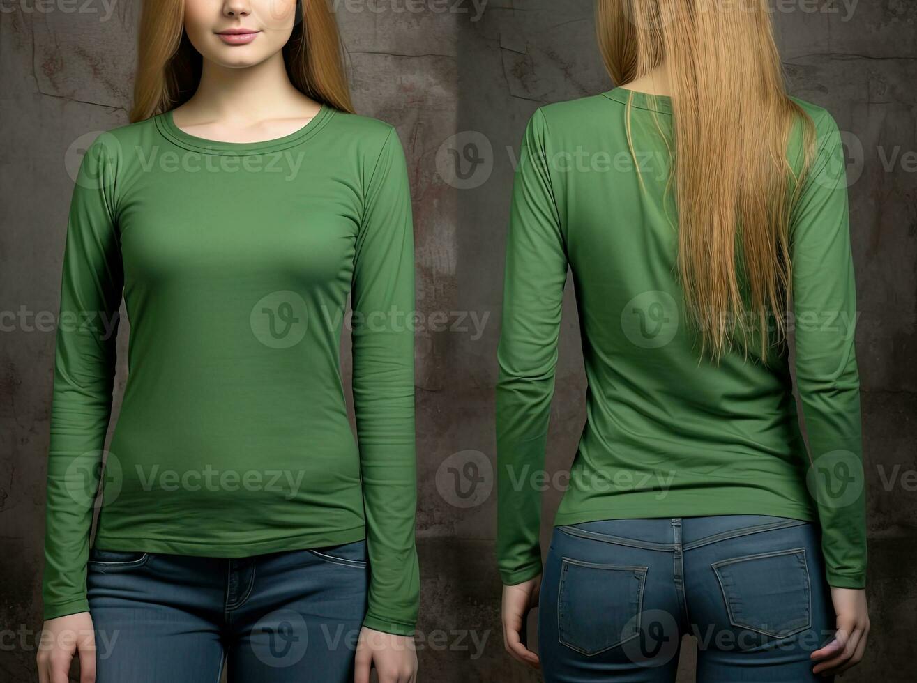 mujer vistiendo un verde camiseta con largo mangas frente y espalda vista. ai generado foto