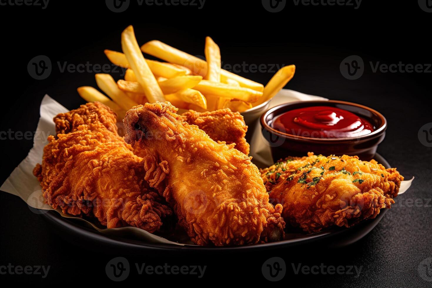Fast food fried crispy chicken and french fries potatoes with ketchup sauce isolated on dark background. photo