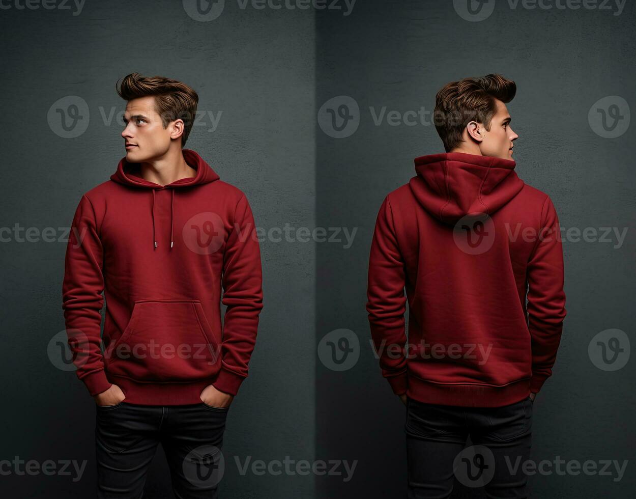 Front and back view of a red hoodie mockup for design print. ai generated photo