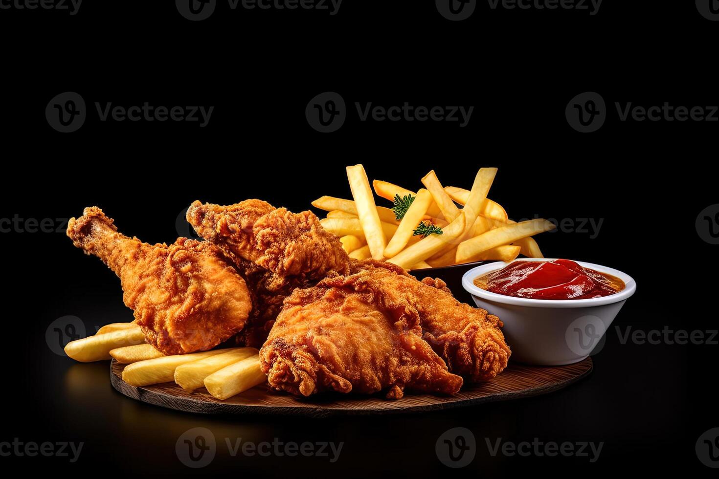 Fast food fried crispy chicken and french fries potatoes with ketchup sauce isolated on dark background. ai generated photo