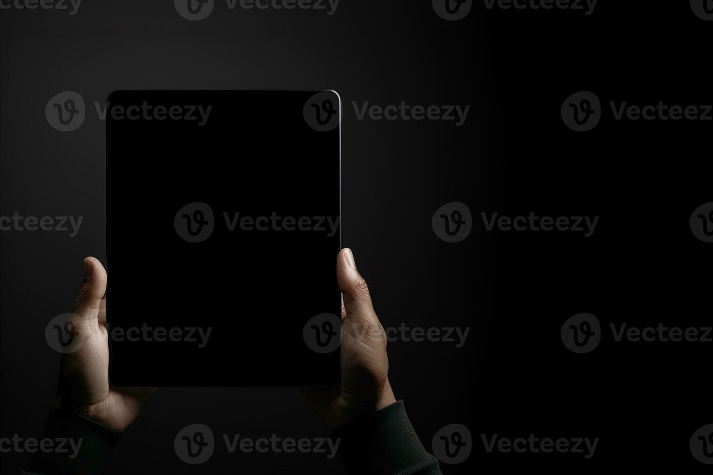 Hand holding tablet with mockup blank screen isolated on black background with copy space. ai generated photo