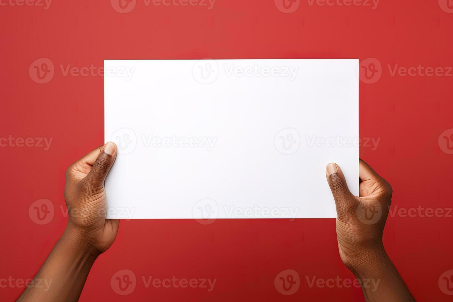 A human hand holding a blank sheet of white paper or card isolated on red background. ai generated photo