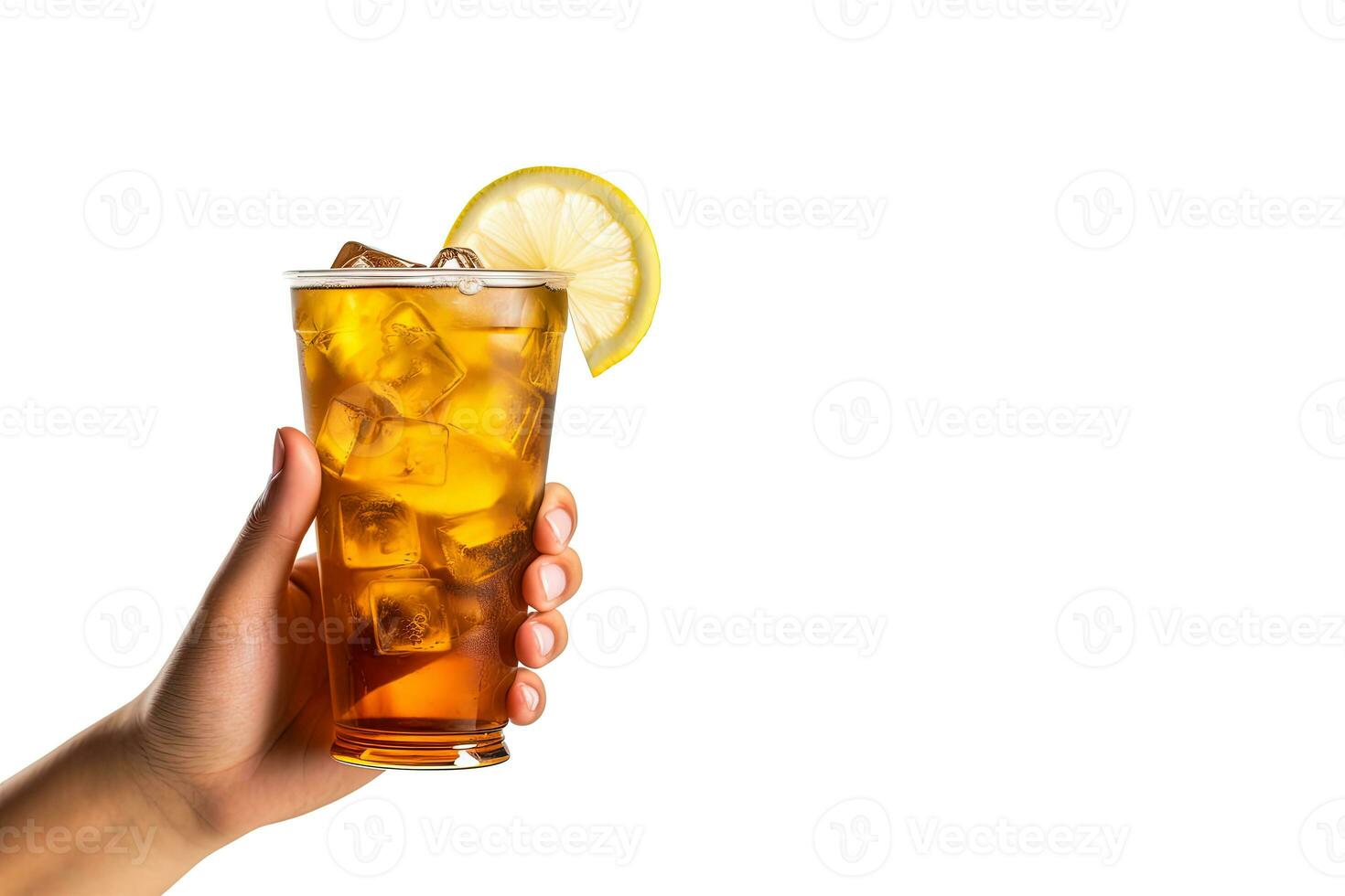 A hand holding takeaway plastic cup of delicious iced lemon tea isolated on white background with copy space. ai generated photo
