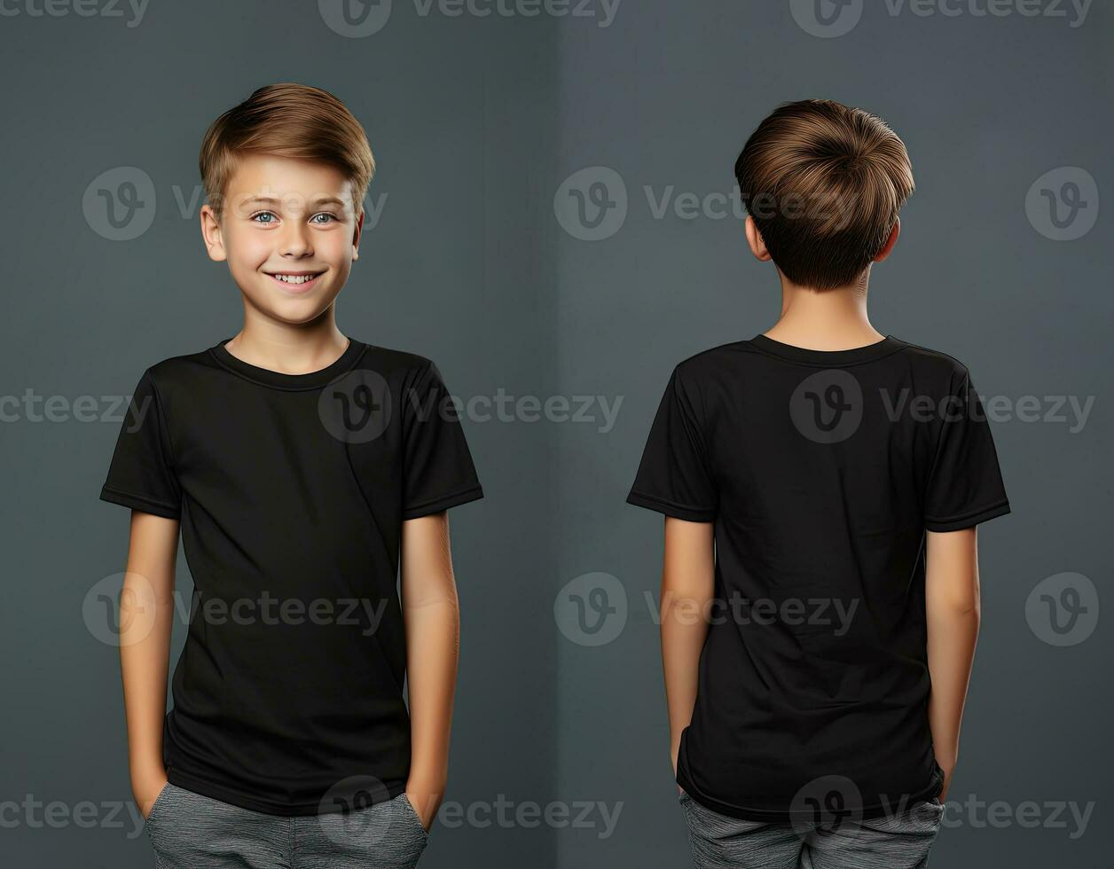Front and back views of a little boy wearing a black T-shirt. ai generated photo