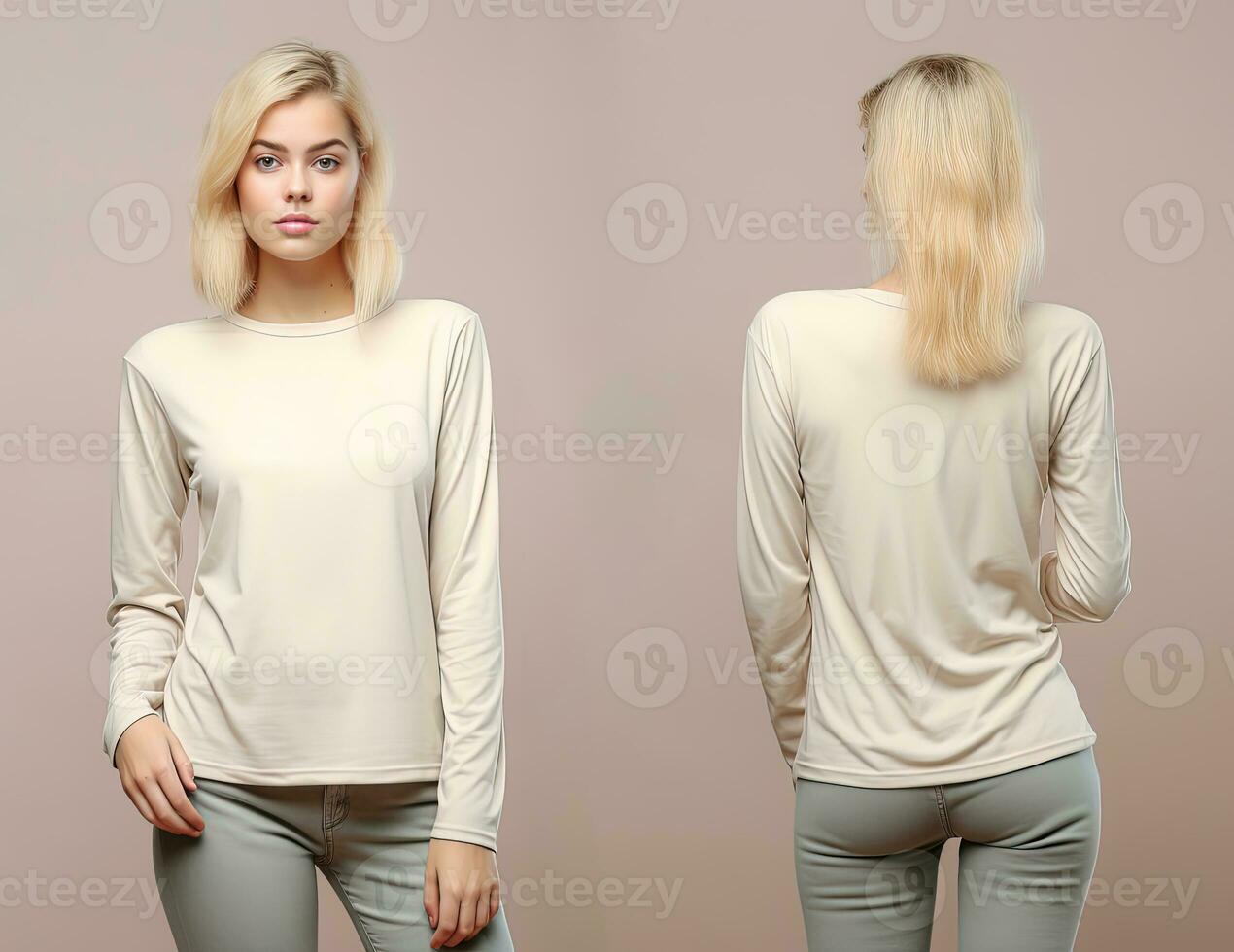 Woman wearing a beige T-shirt with long sleeves. Front and back view. ai generated photo