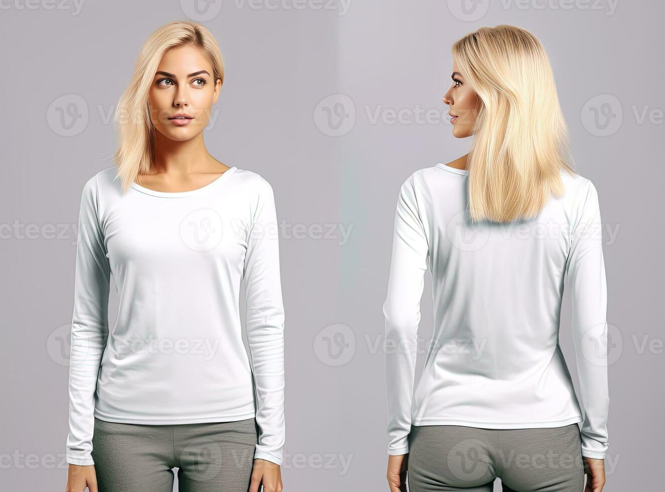 Woman wearing a white T-shirt with long sleeves. Front and back view. ai generated photo