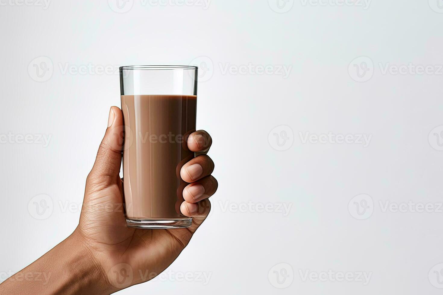 Hand holding a glass of delicious chocolate milk isolated on white background with copy space. ai generated photo