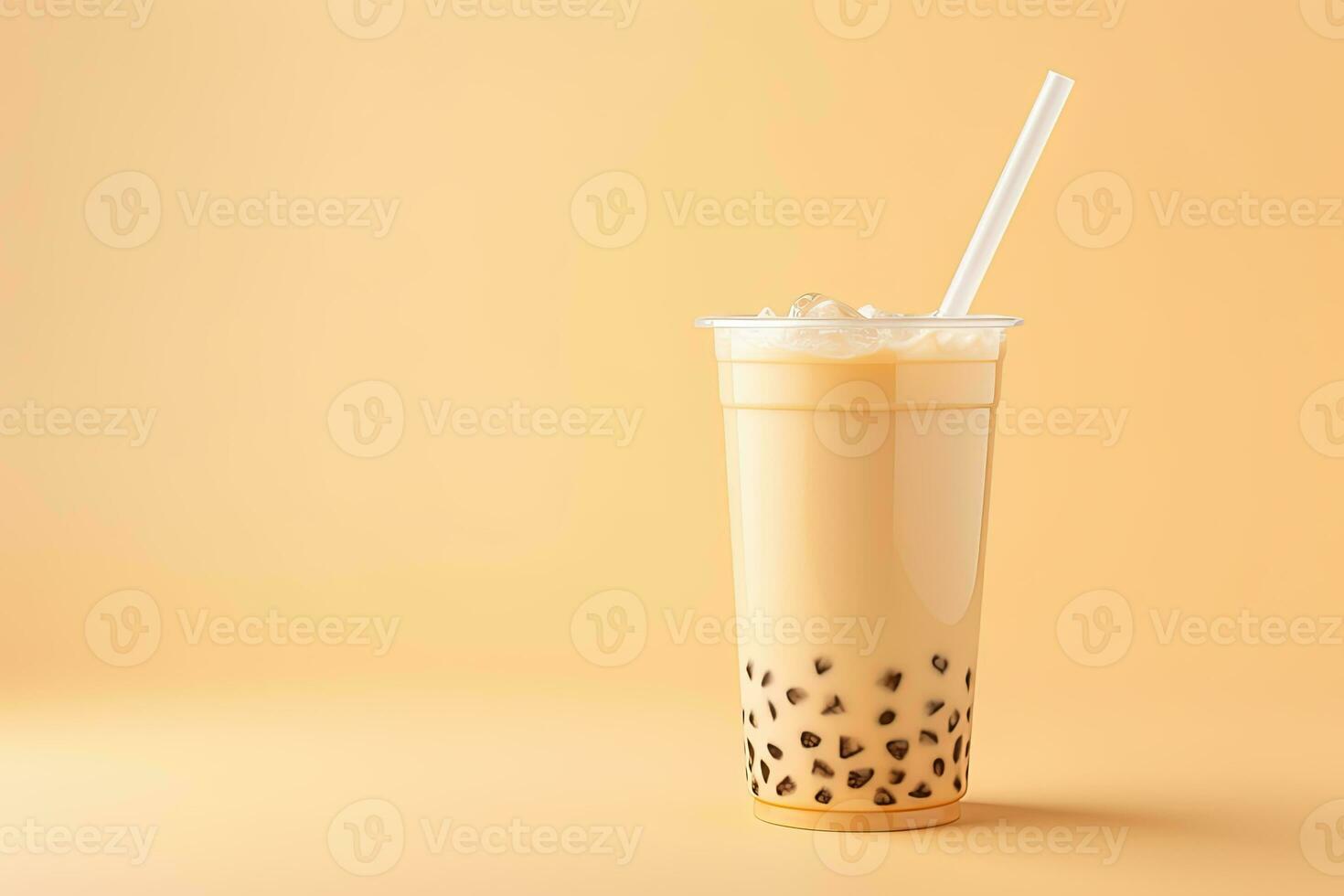 iced milk tea and bubble boba in the plastic glass on the beige background. ai generated photo