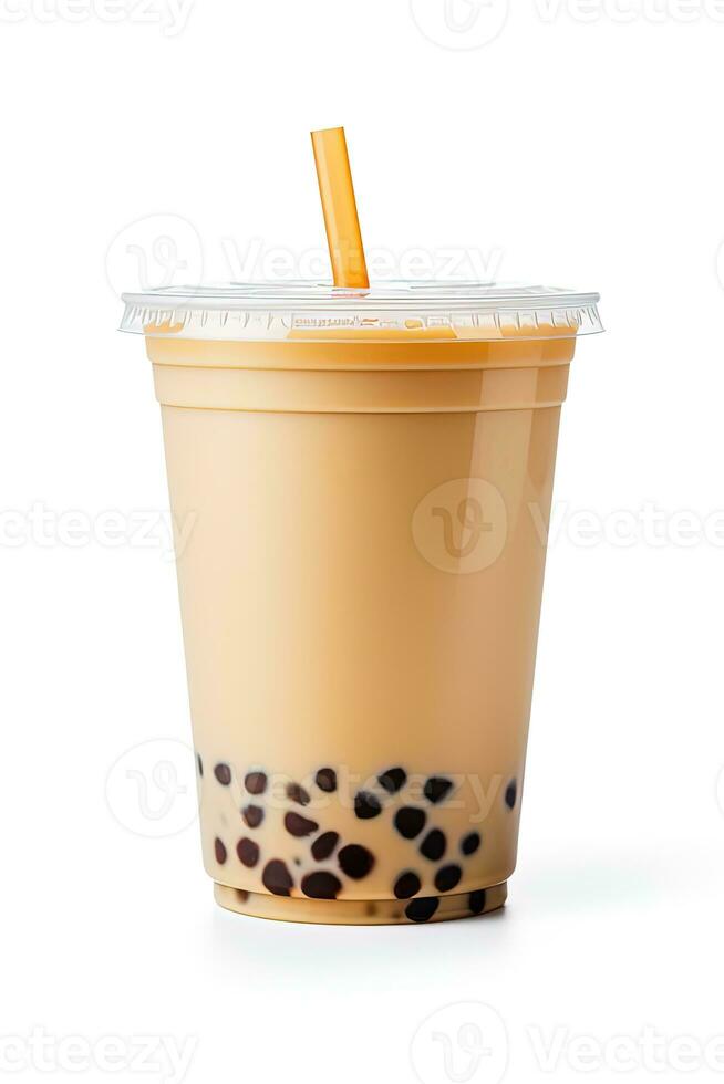 iced milk tea and bubble boba in the plastic glass on the white background. ai generated photo