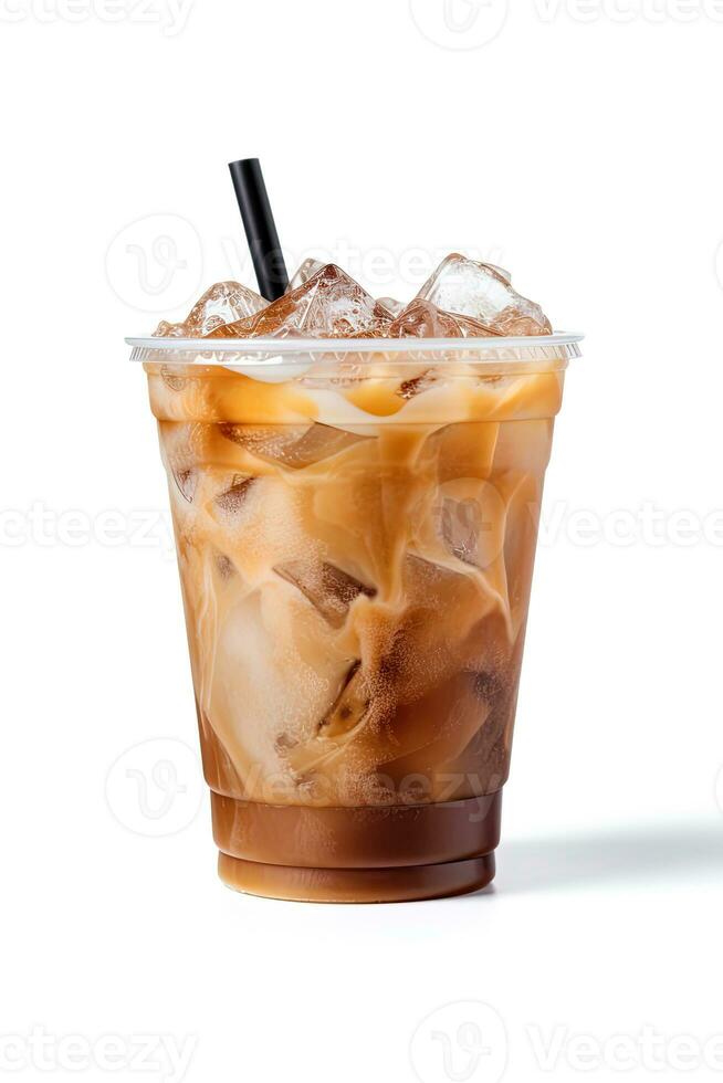 Iced coffee in plastic takeaway glass isolated on white background. ai generated photo