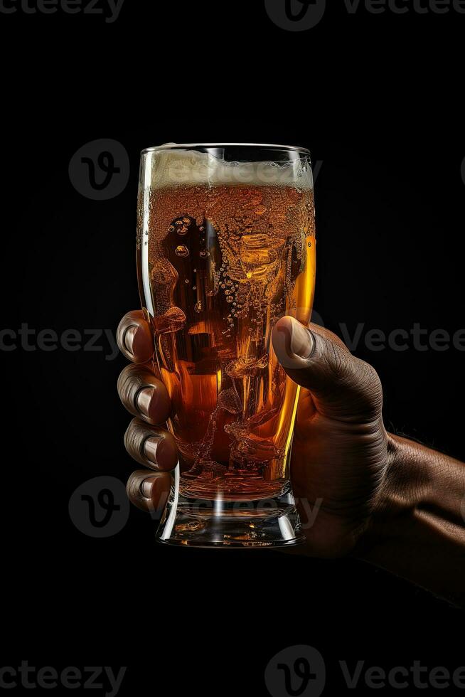 a male hand holding up a glass of beer isolated on a black background. ai generated photo