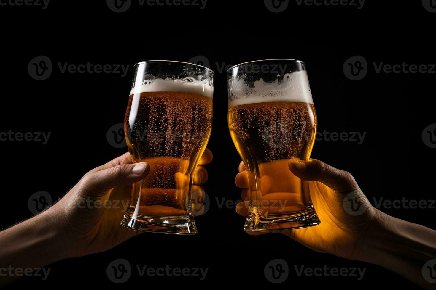 Hands toasting with glasses of beer isolated on black background. ai generated photo