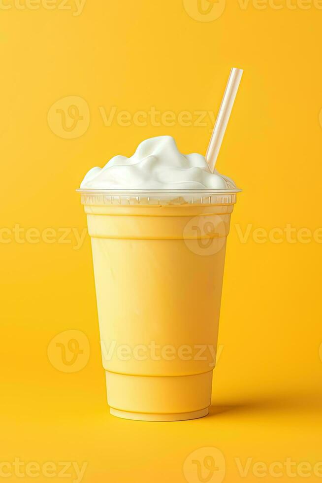 Mango smoothie milkshake in plastic takeaway cup isolated on yellow background. ai generated photo