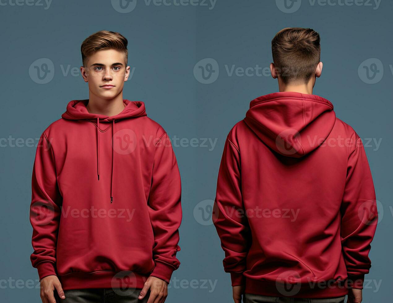 Front and back view of a red hoodie mockup for design print. ai generated photo