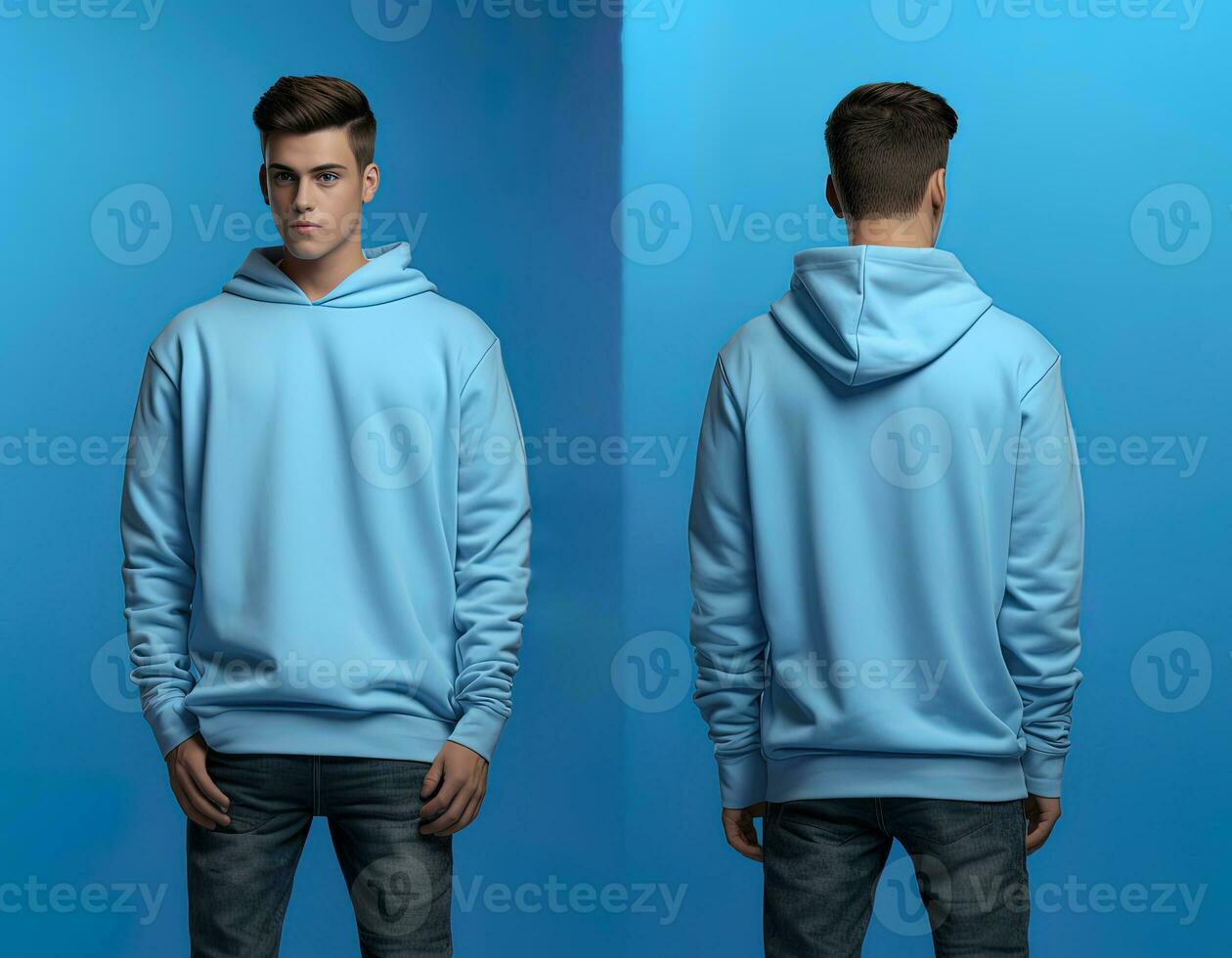 Front and back view of a blue hoodie mockup for design print. ai generated photo