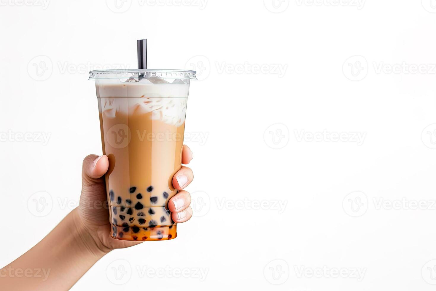 A hand holding takeaway plastic cup of delicious iced bubble milk tea and black pearls isolated on white background with copy space. ai generated photo