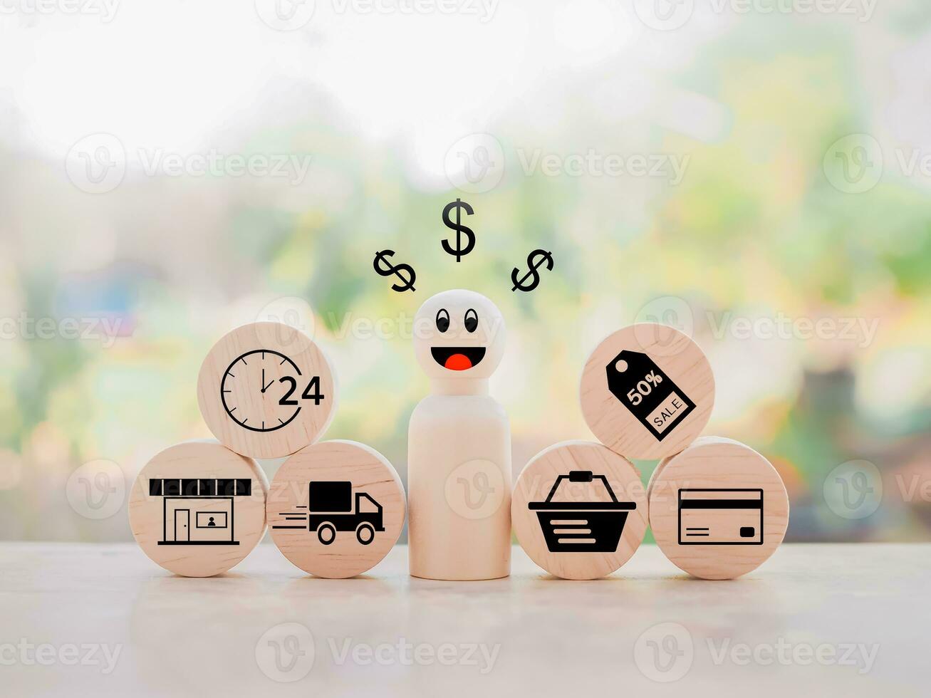 Wooden human figure with money icon and wooden block with online shopping and e-commerce icons set. photo