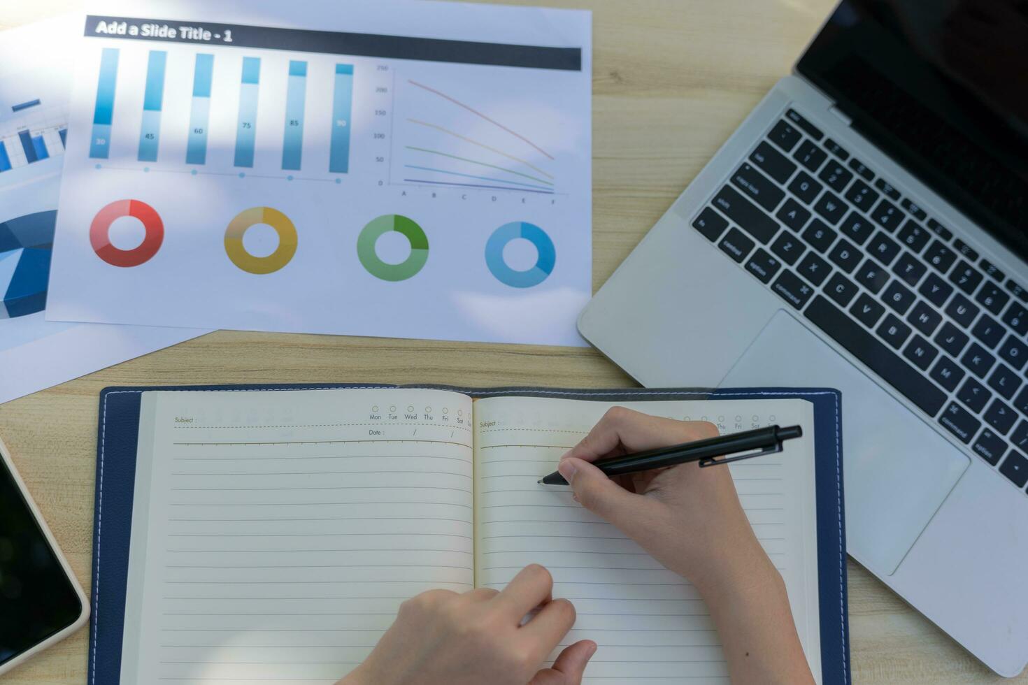 Business women calculate benefit, spreadsheets, graph financial development, bank accounts, statistics, economy, data analysis, investment analysis, stock exchange,Interest rates, income photo
