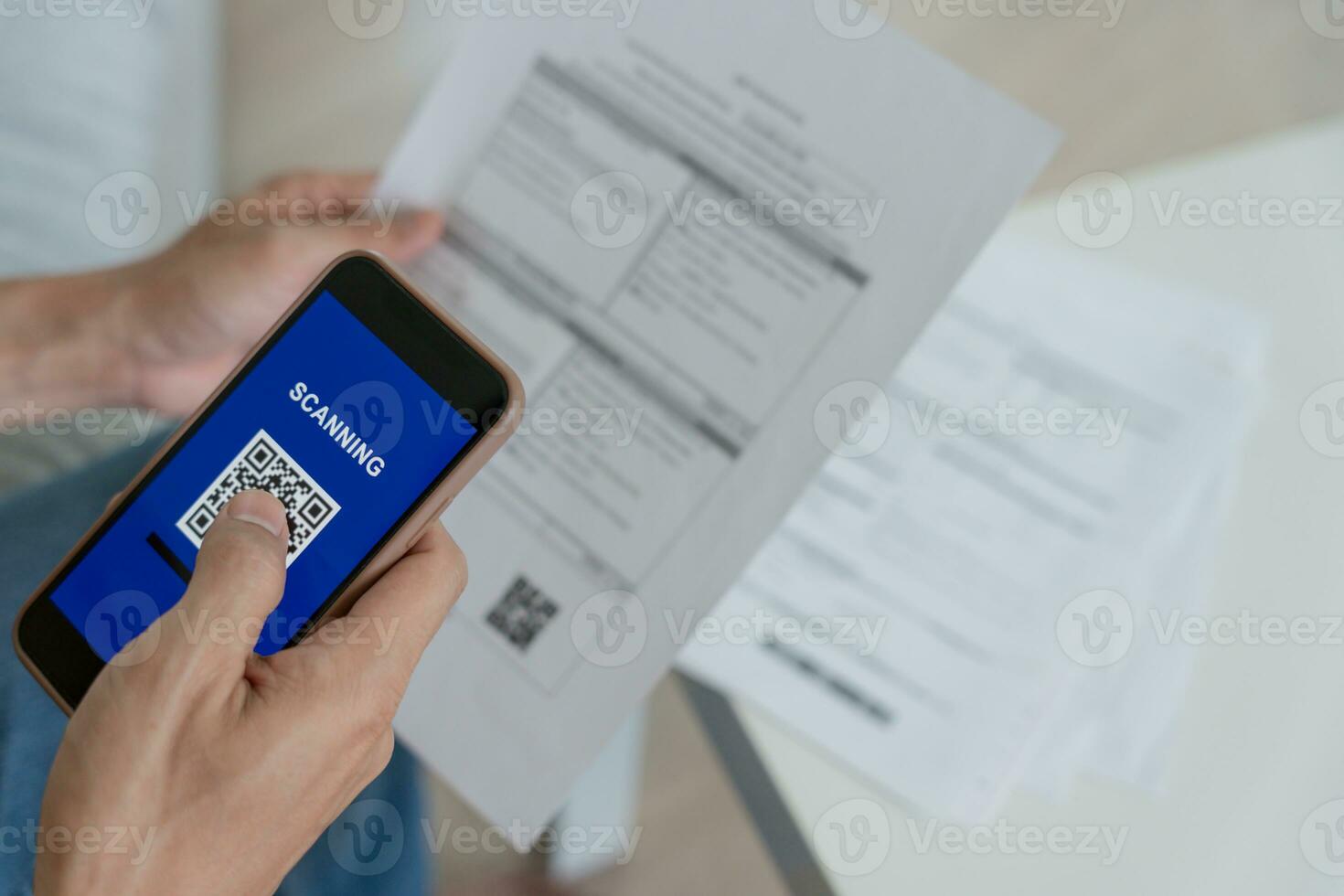 Pay online, QR codes to pay credit card bill after receiving document invoice online. payment, receive, paying electricity, digital payments, technology, scanning, financial transactions photo