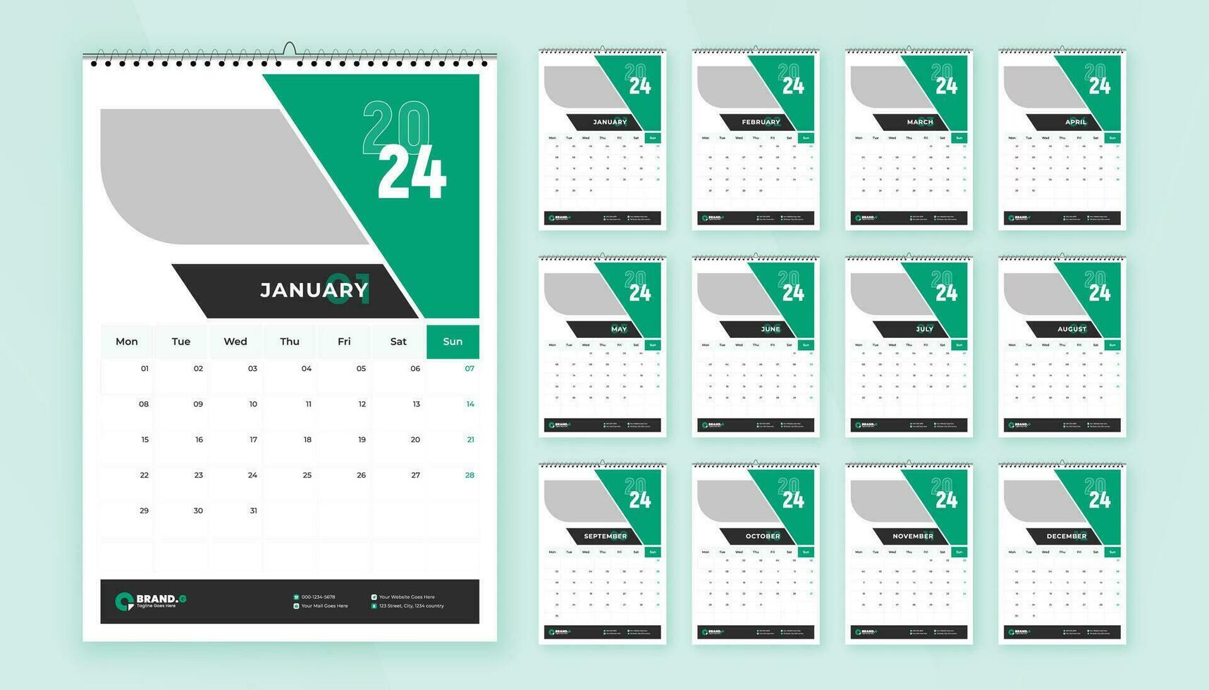 mensual calendario modelo diseño para 2024 año. semana empieza en lunes. pared calendario en un minimalista y creativo estilo. vector