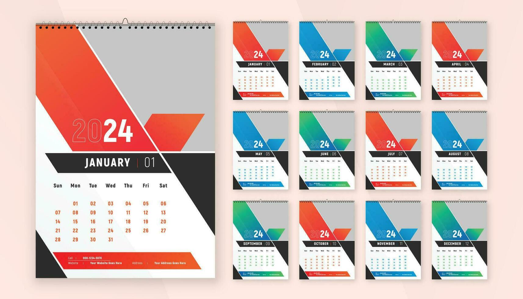 mensual calendario modelo diseño para 2024 año. semana empieza en domingo. pared calendario en un moderno estilo. vector
