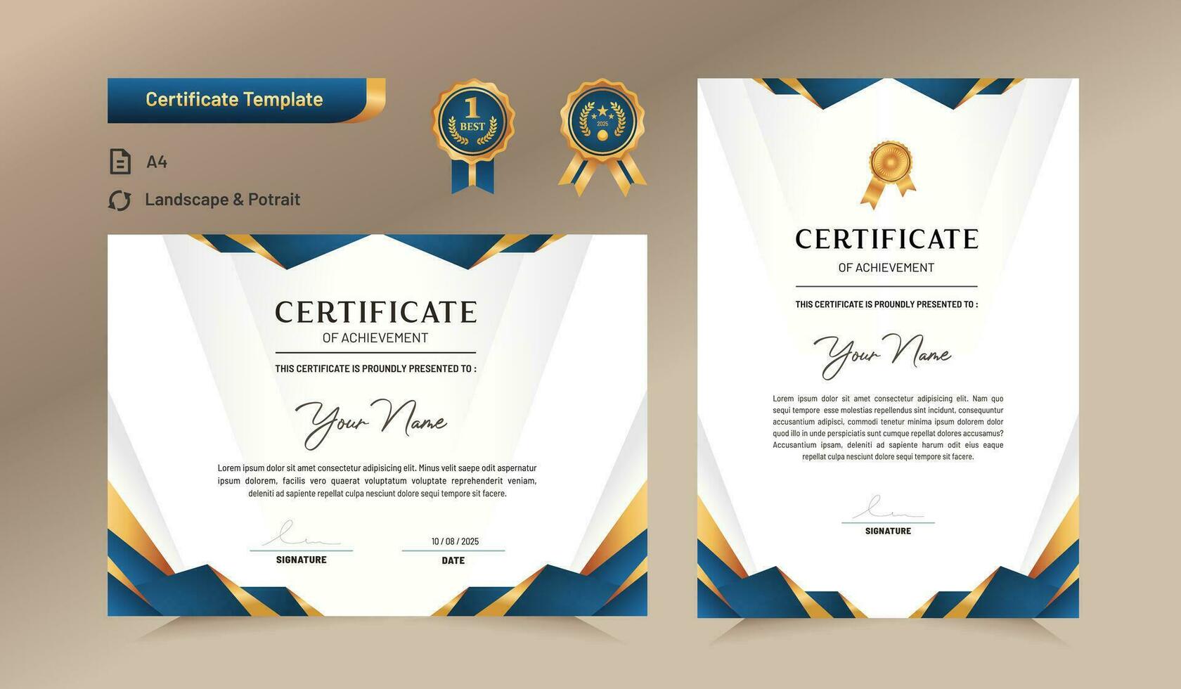 Blue and gold certificate of achievement template. For award, business, and education needs. Vector Illustration