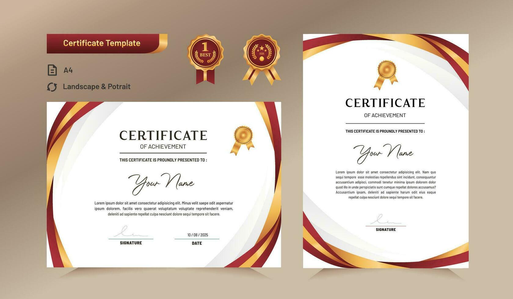 Red and gold certificate of achievement template. For award, business, and education needs. vector