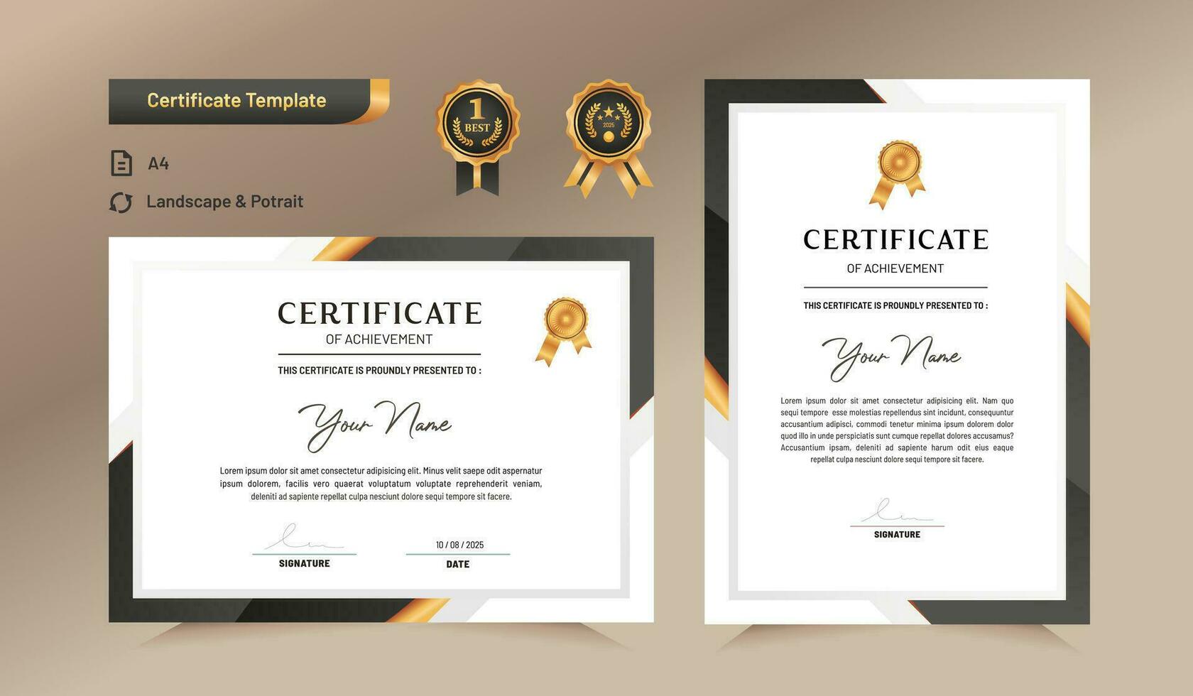 Black and gold certificate of achievement template. For award, business, and education needs. vector