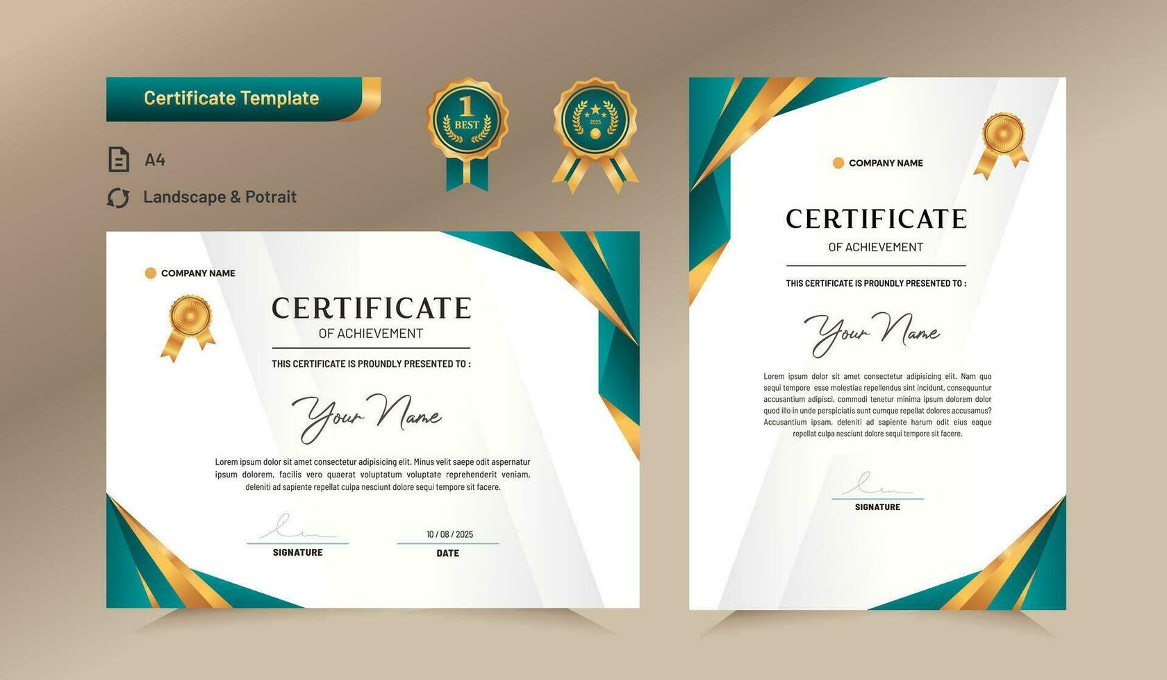 Green and gold certificate of achievement template. For award, business, and education needs. Vector Illustration