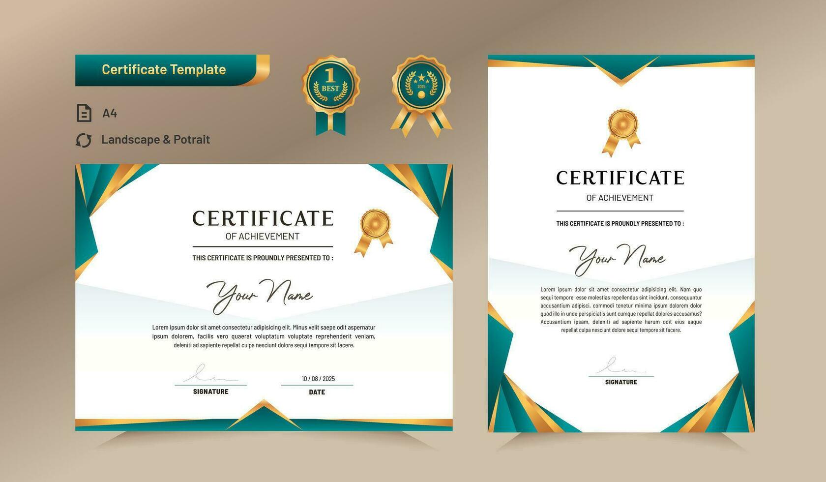 Green and gold certificate of achievement template. For award, business, and education needs. Vector Illustration