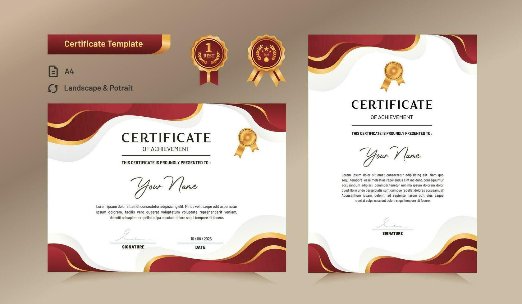 Red and gold certificate of achievement template. For award, business, and education needs. vector