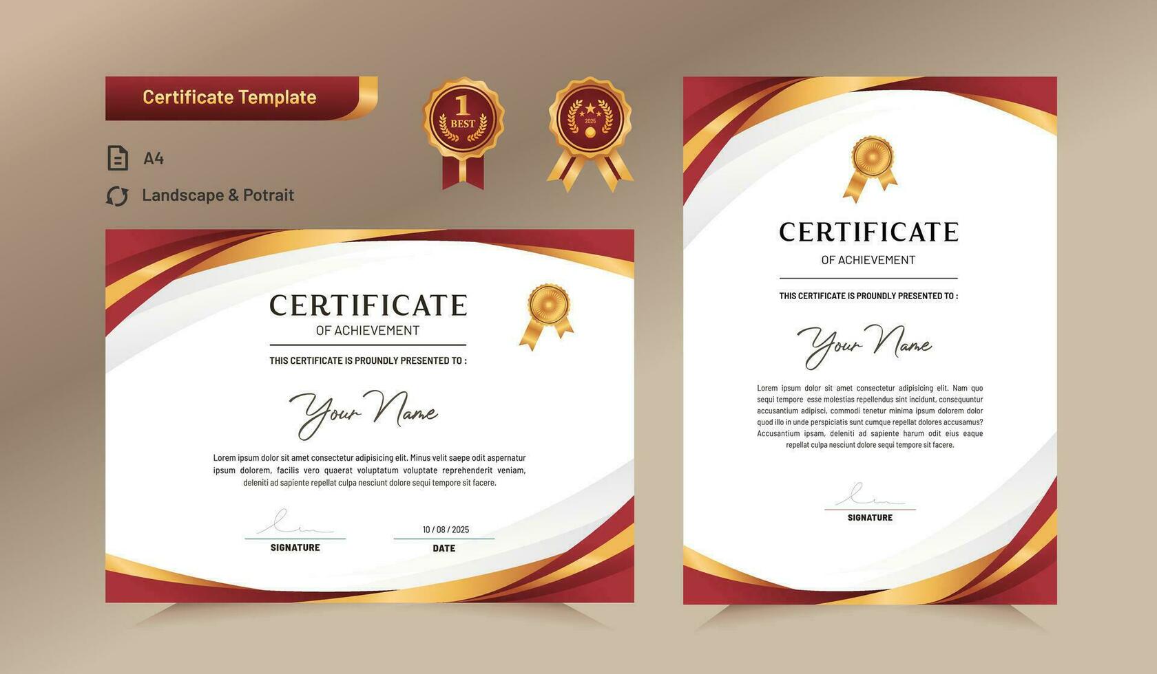 Red and gold certificate of achievement template. For award, business, and education needs. vector