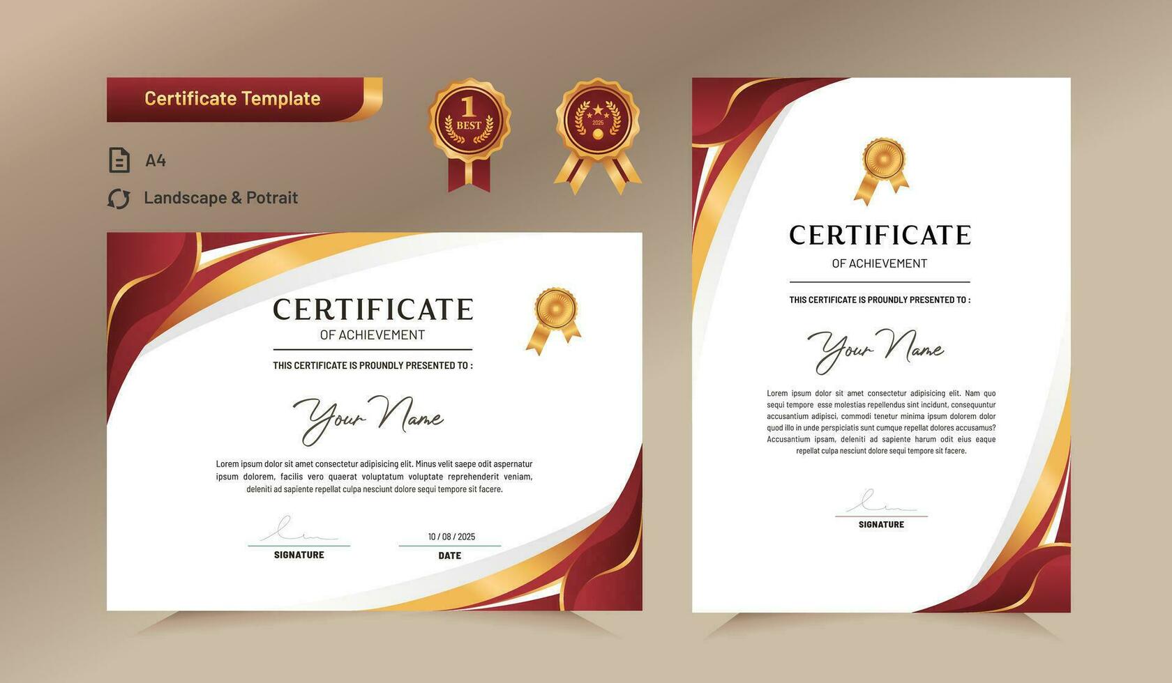 Red and gold certificate of achievement template. For award, business, and education needs. vector