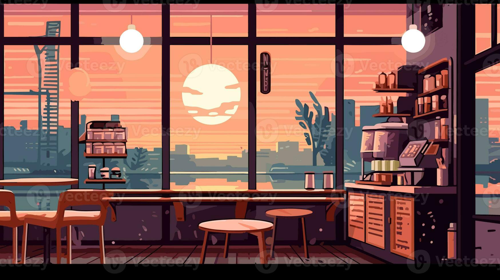 coffee shop with large windows looking out into the groove lofi world photo