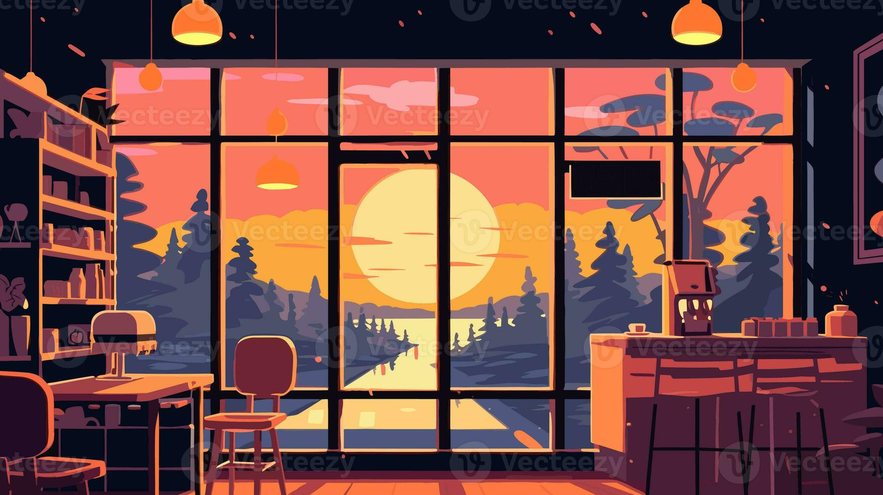 coffee shop with large windows looking out into the groove lofi world photo