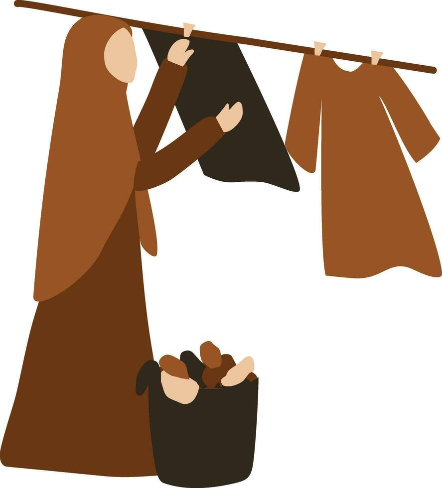 Muslim Woman Drying Clothes. Women Work in home vector