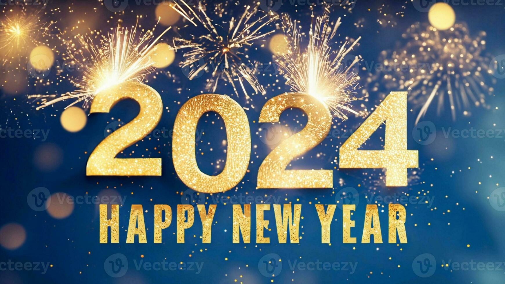 Happy New Year 2024, New Year's Eve firework Sparkler party celebration holiday greeting card with gold year, fireworks and bokeh lights on blue background. Ai Generative photo