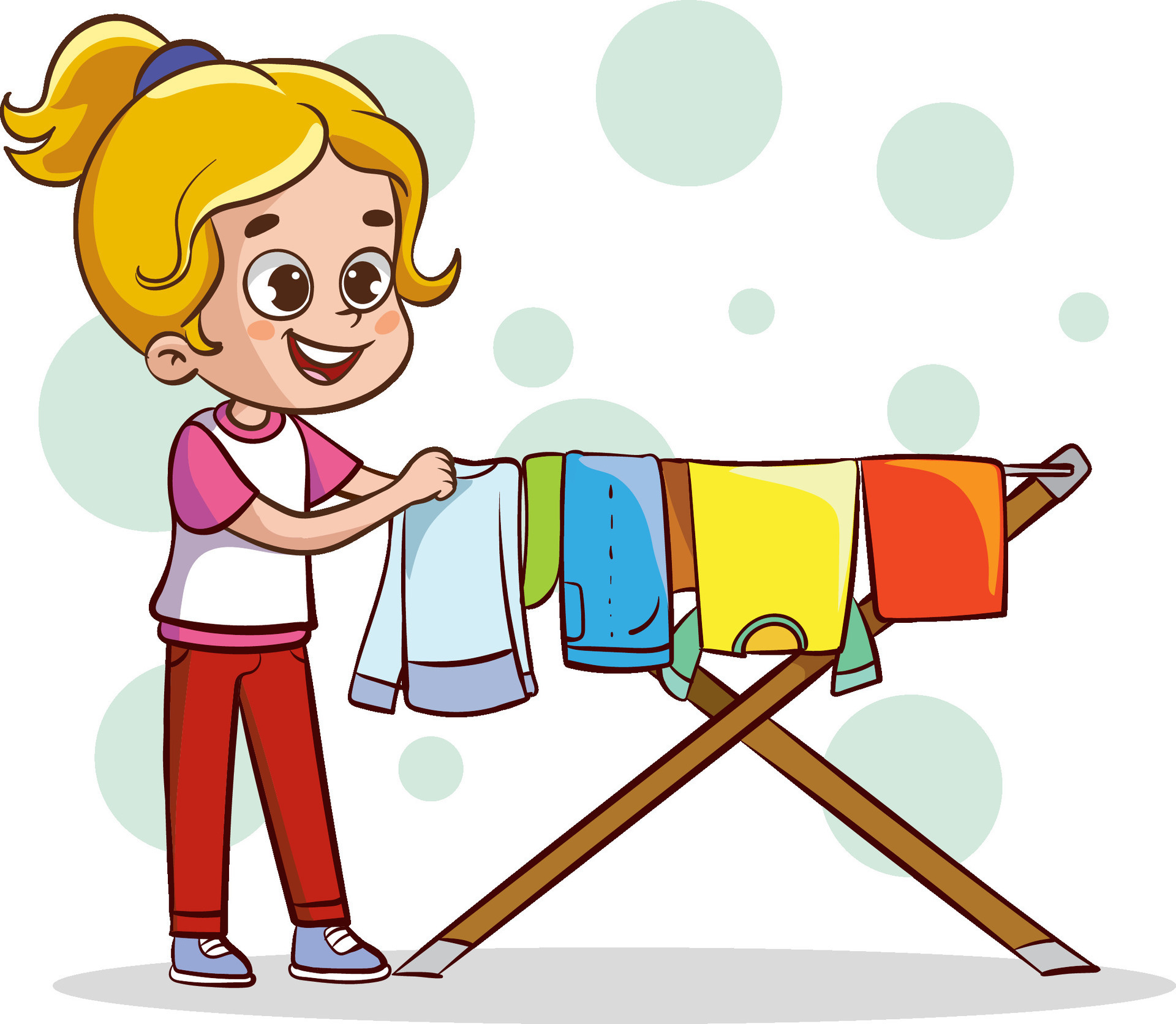 Cute kids doing housework chores.girl hanging wet clothes out to dry