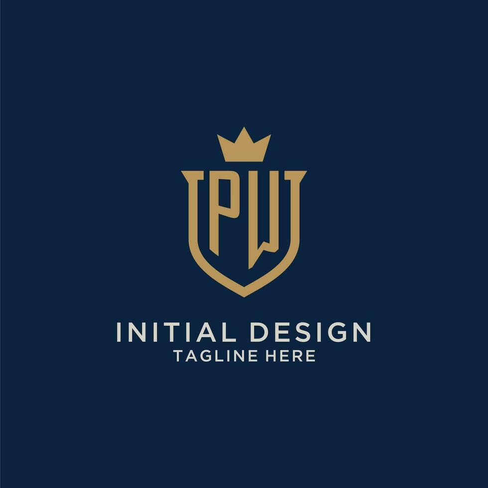 PW initial shield crown logo vector