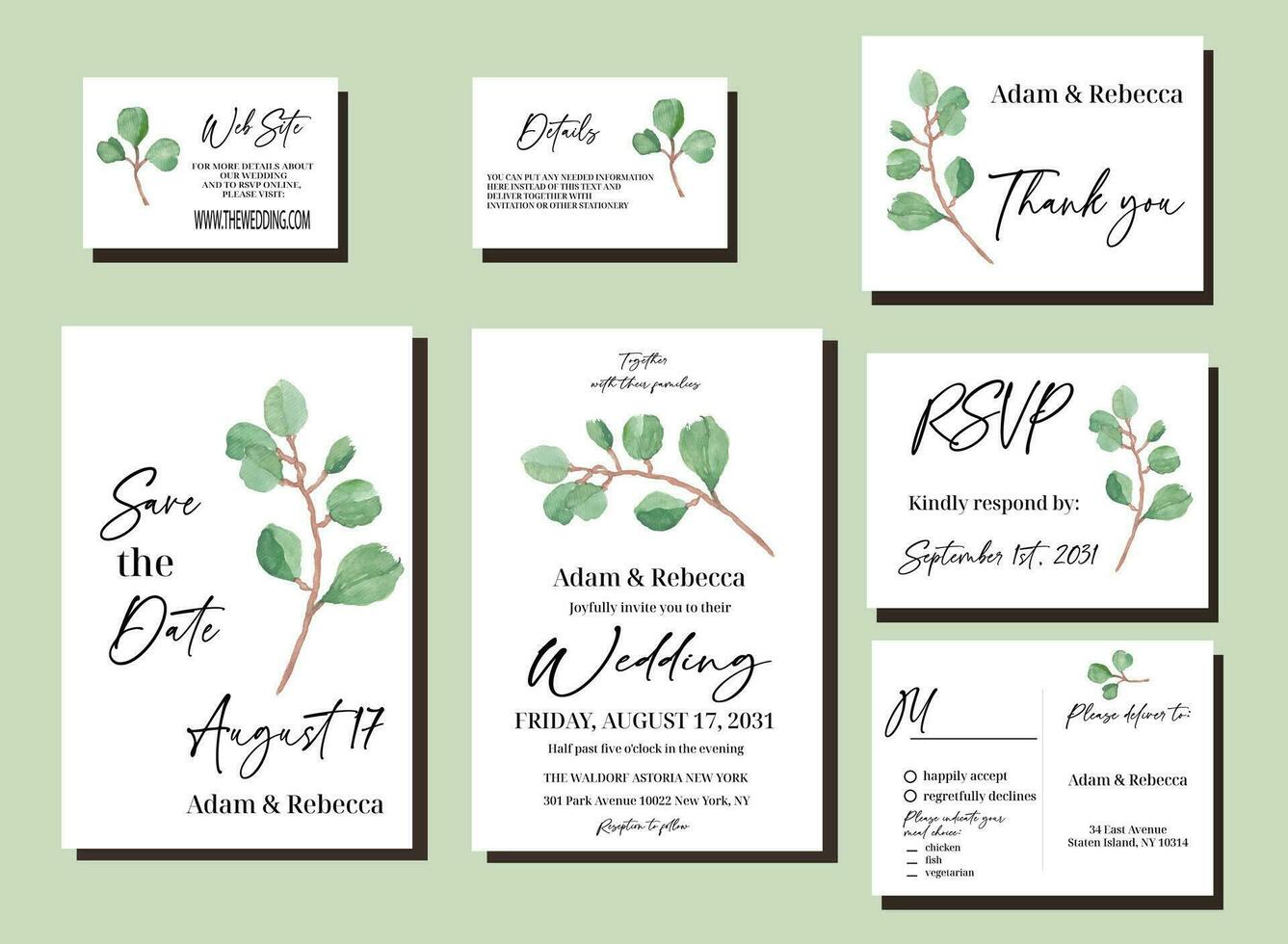 Elegant Minimalist Eucalyptus Greenery Watercolor Painted Wedding Invitation Set with rsvp, save tha date and details cards vector