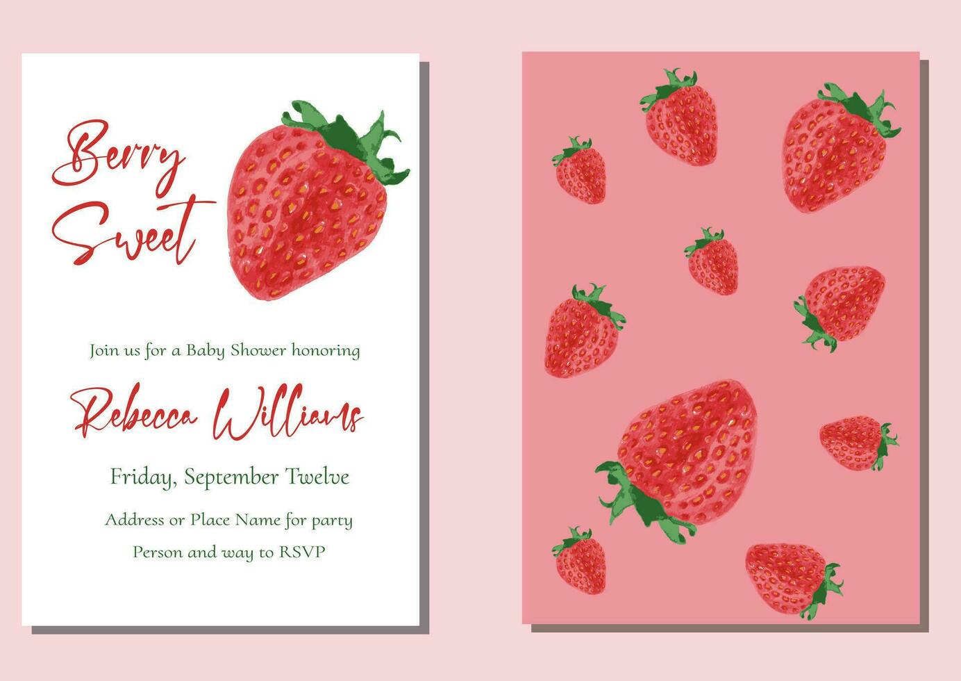 Berry Sweet Themed Strawberry Baby Shower Invitation. This fruit berry invite good also for a birthday party. It can be used for thank you cards, banner, posters, welcome sign and more vector
